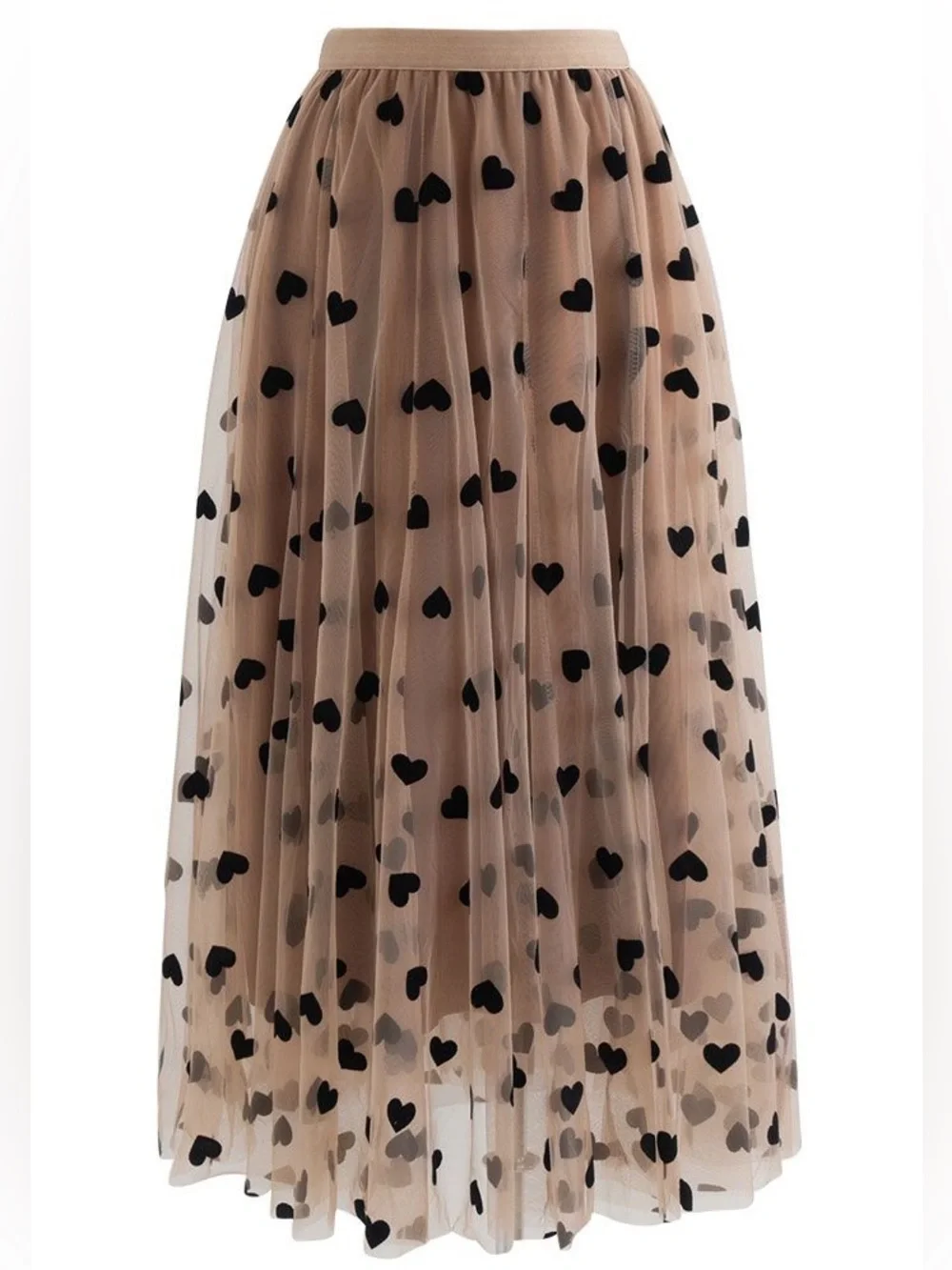 Chicwish Plus 3D Heart Double-Layered Mesh Tulle Maxi Skirt Caramel Black Velvet